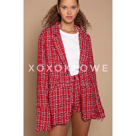 POL Red Tweed Blazer Plaid Print Relaxed Fit - Picture 12 of 16